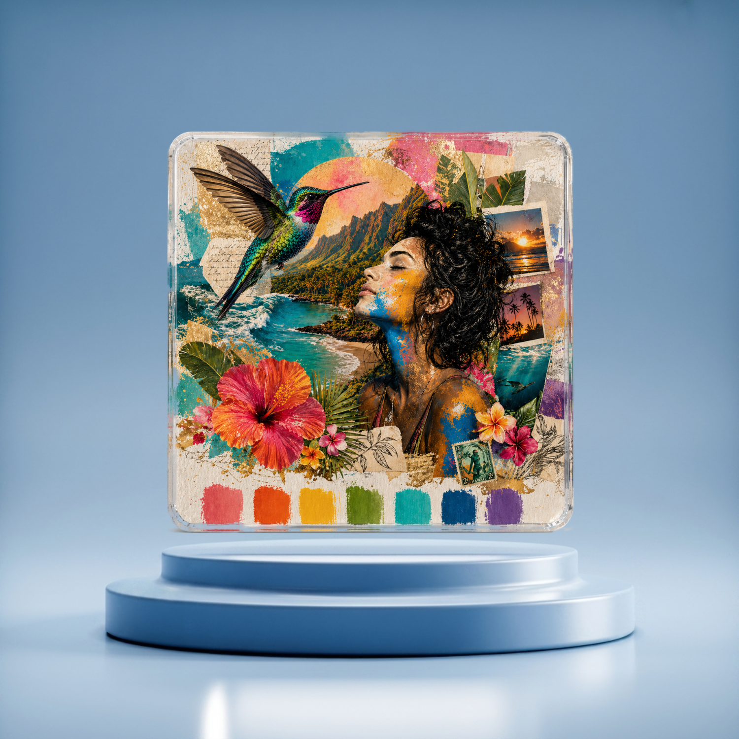 The Caffeine and Daydreams mxtape acrylic card on a pedestal