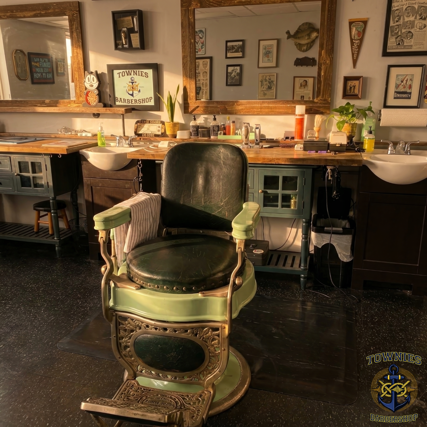 A mxtape card showing the interior of Townies Barbershop with vintage leather chair and mirrors