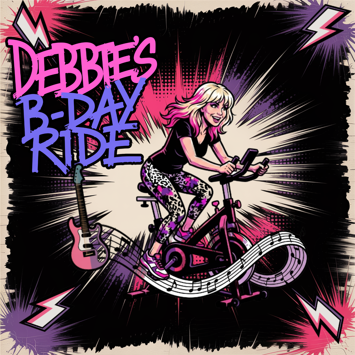 A mxtape card with bright illustrated artwork of a woman on a spin bike titled Debbie's B-Day Ride