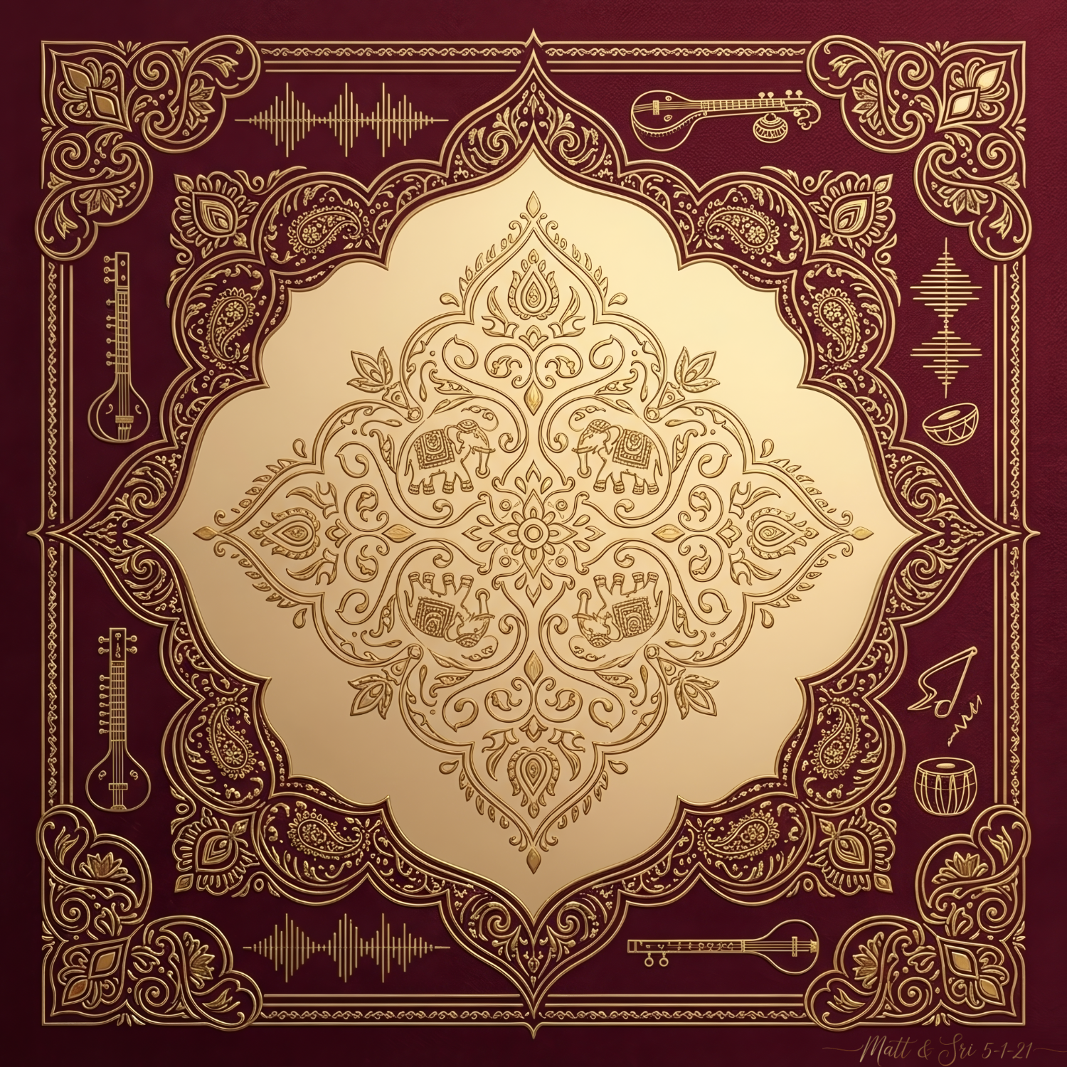 A mxtape card with an ornate gold-on-maroon design reading Matt and Sri, 5-1-21