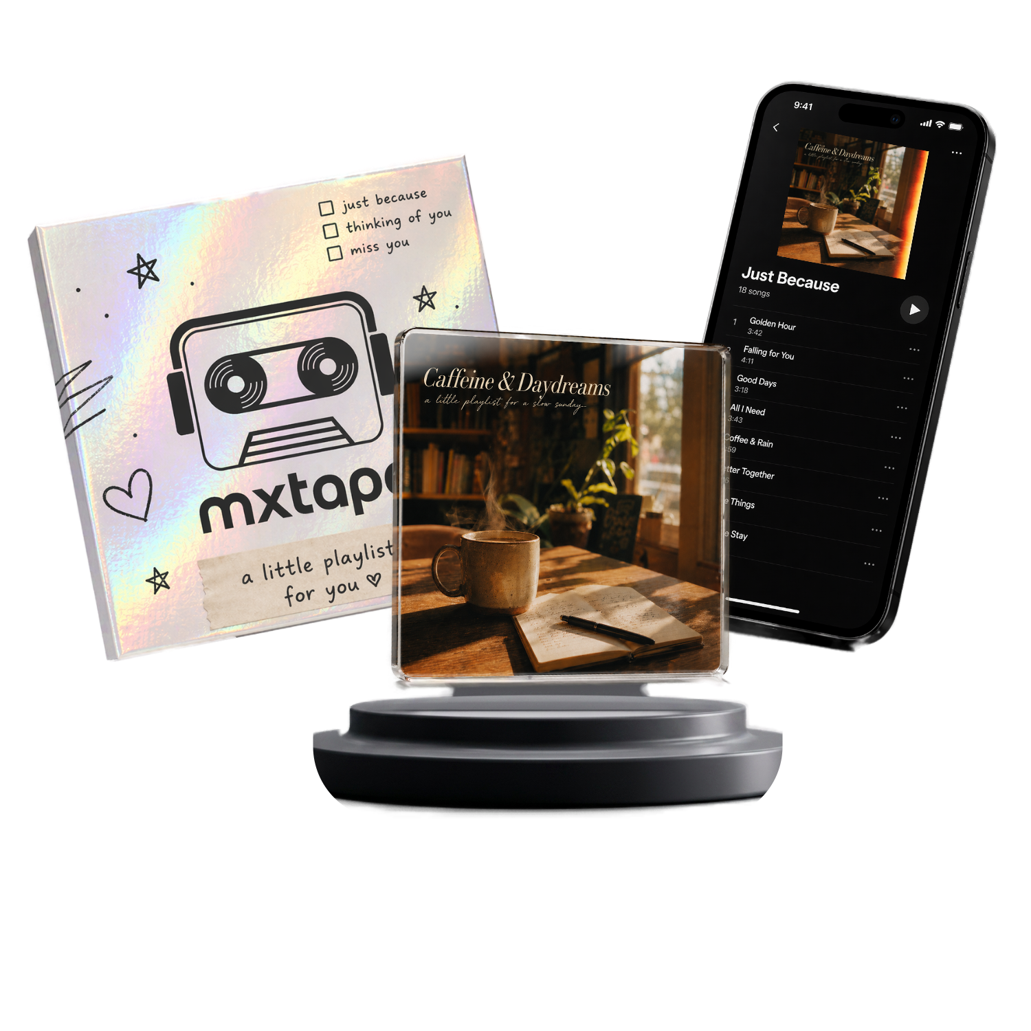 mxtape packaging, the Caffeine and Daydreams acrylic card, and a phone showing the Caffeine and Daydreams playlist